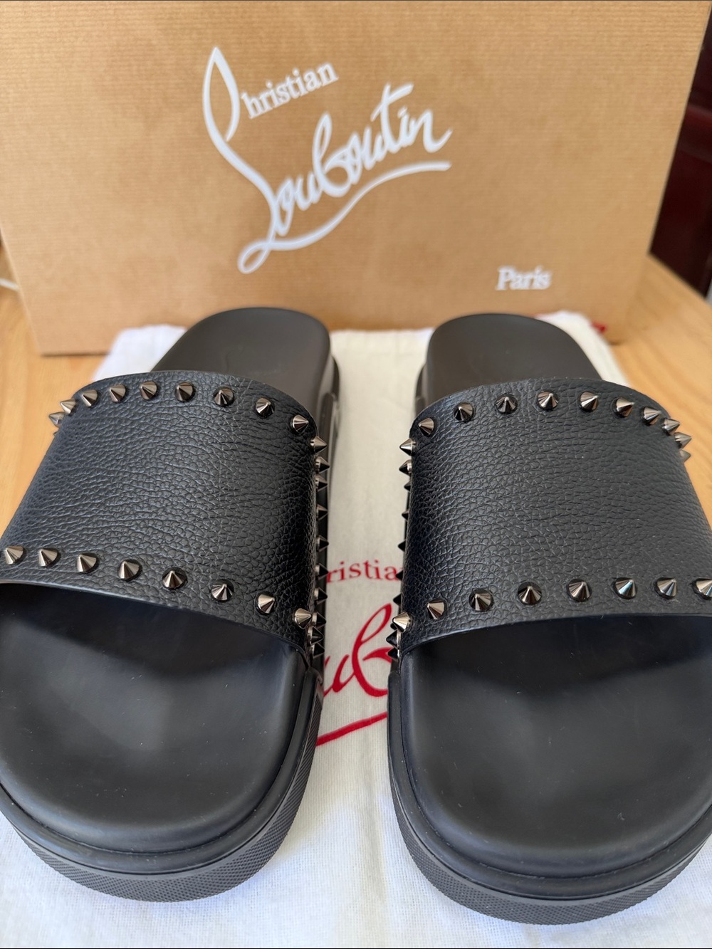 Christian Louboutin Black Studded Leather Slide Sandals